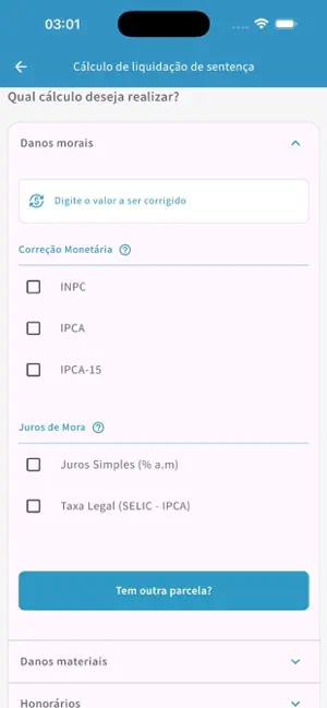 Tela de liquidação de sentença no app Jusfine