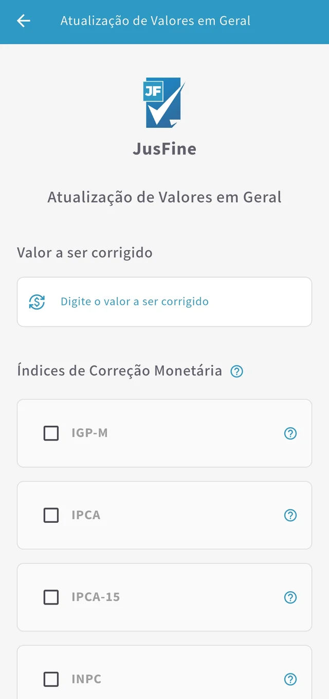 Tela de atualização de valores por índices oficiais