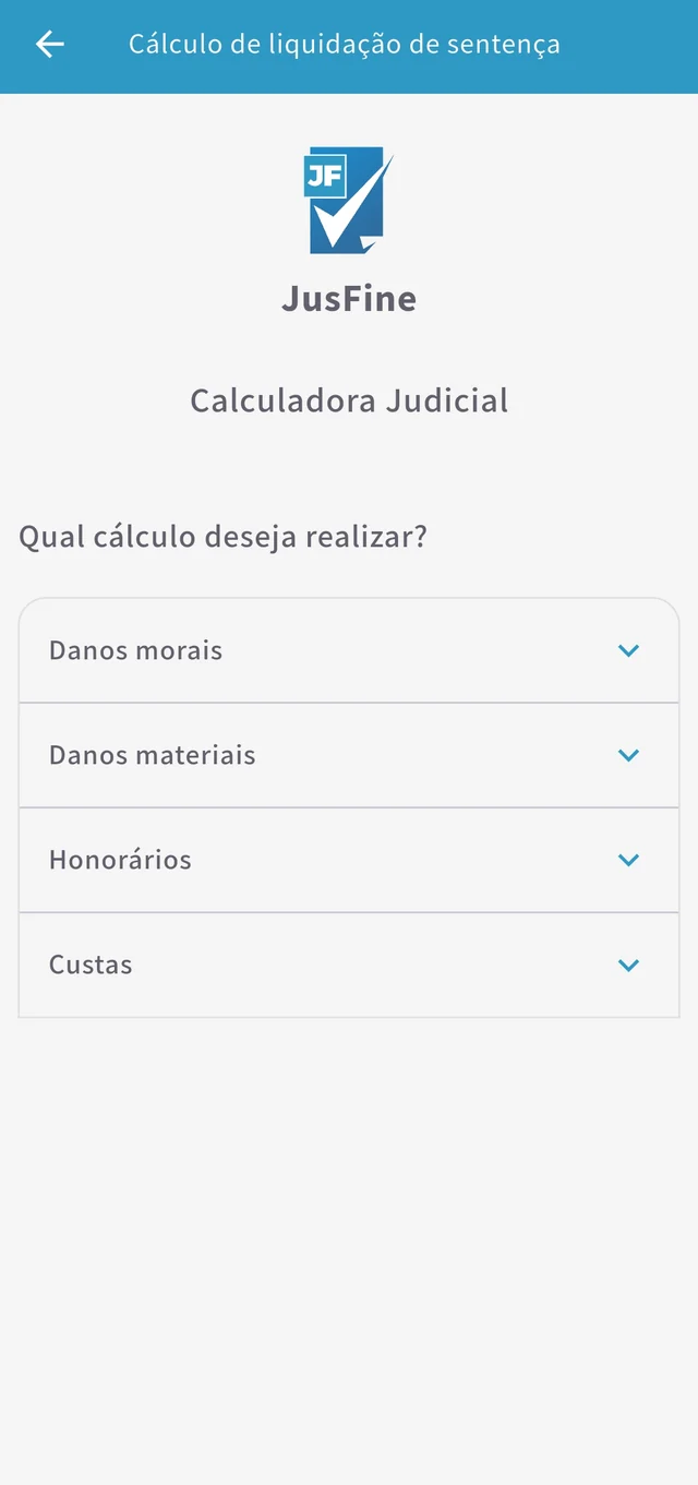 Tela de liquidação de sentença: danos, honorários e custas